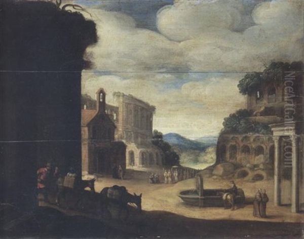 A Roman Landscape With A Drover And His Donkeys Before Ruins And Figures By A Fountain In The Distance Oil Painting by Willem van Nieulandt the Younger