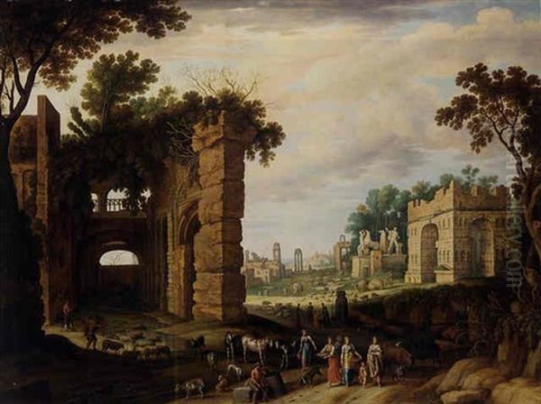 The Roman Forum With Drovers And Watercarriers On A Path In The Foreground Oil Painting by Willem van Nieulandt the Younger