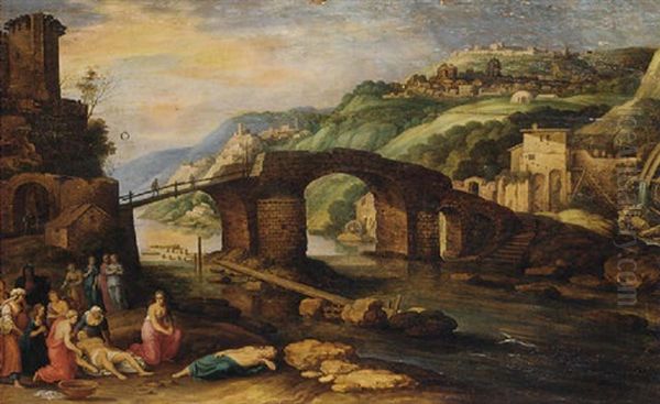 An Italianate Landscape With A Bridge Before A Town, Hero And Leander In The Foreground Oil Painting by Willem van Nieulandt the Younger