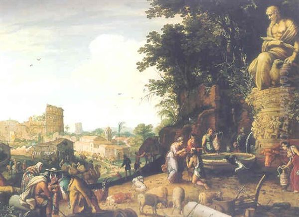 A Capriccio View Of Rome With The Colosseum And Rebecca And Elizer By A Statue Of Zeus Oil Painting by Willem van Nieulandt the Younger