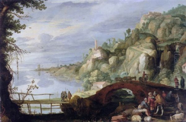 A Rocky River Landscape With Shepherds, Goatherds And Their Livestock Resting On A Path, A Mule Train Beyond by Willem van Nieulandt the Younger