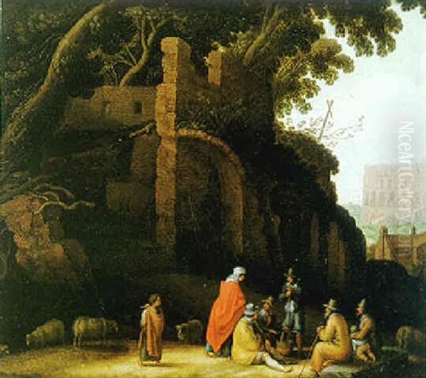 La Halte Des Bohemiens Avec Au Fond Le Colisee Oil Painting by Willem van Nieulandt the Younger