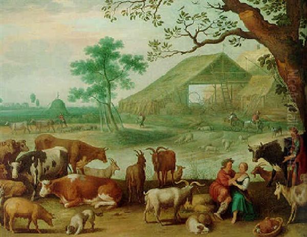 A Farmyard With A Couple Sitting Beneath A Tree, A Shepherd With His Livestock Beyond Oil Painting by Willem van Nieulandt the Younger