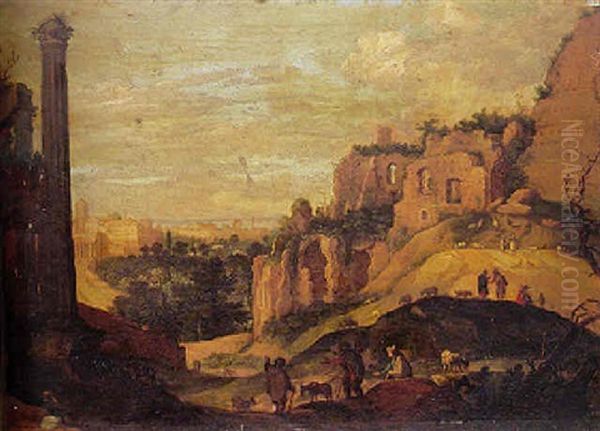 A Capriccio View Of Rome, With Figures And Farm Animals Near Ruins In The Foreground Oil Painting by Willem van Nieulandt the Younger