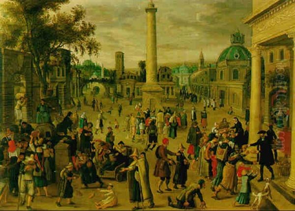 Vue De La Place D'une Ville Romaine Avec Les Sept Actes De Charite Oil Painting by Willem van Nieulandt the Younger