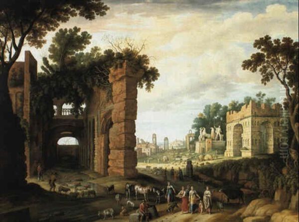 Capriccio Of The Roman Forum With Drovers And Watercarriers On A Path Oil Painting by Willem van Nieulandt the Younger