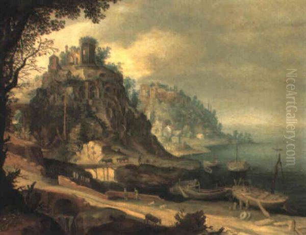 Rocky Mediterranean Coast With The Temple Of The Sibyl At Tivoli Oil Painting by Willem van Nieulandt the Younger