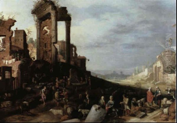 Figures And Their Livestock Resting On A Road Before A      Water Through Beneath Classical Ruins Oil Painting by Willem van Nieulandt the Younger