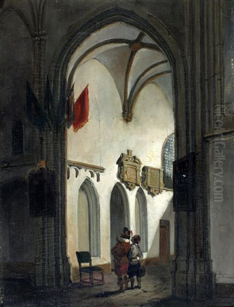 Figuren In Een Kerkinterieur Oil Painting by Adrianus Wilhelmus Nieuwenhuyzen