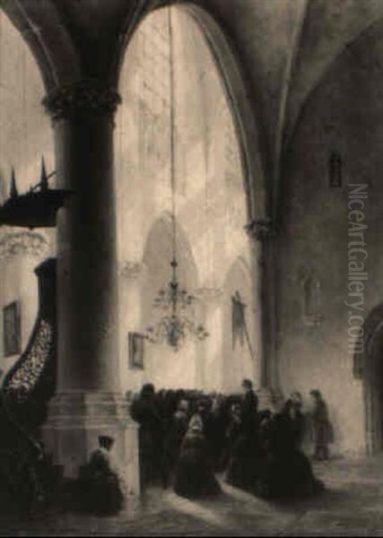 An Interior Of A Church With Numerous Figures In Prayer Oil Painting by Adrianus Wilhelmus Nieuwenhuyzen