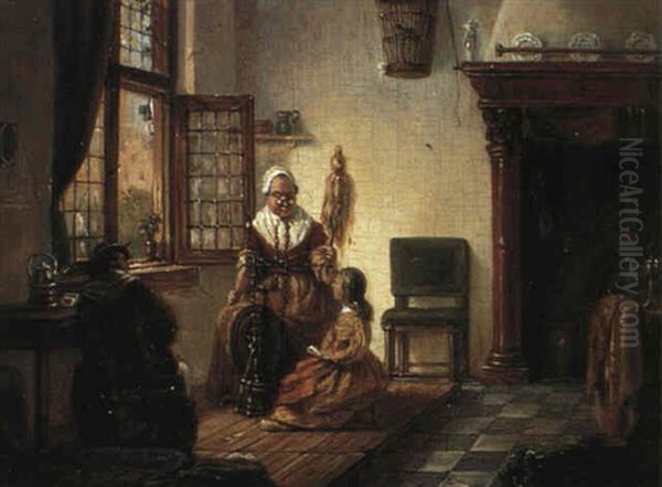 Interieur Mit Frau An Spinnrad Oil Painting by Adrianus Wilhelmus Nieuwenhuyzen