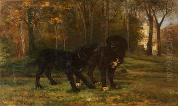 Les Deux Chiens Noirs Dans Un Parc Oil Painting by Charles Frederic Nifenecker