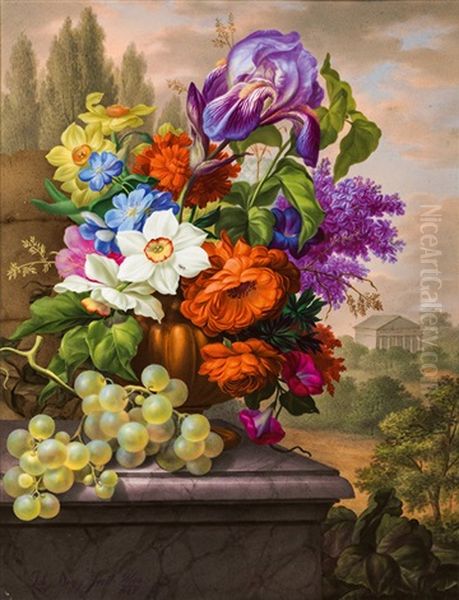 Flower Still Life With Grapes Oil Painting by Joseph Nigg