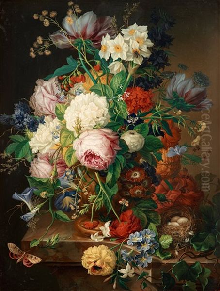 Still Life With Roses, Forget-me-not, Poppies, Hyacinths, Butterflies And A Bird's Nest by Joseph Nigg