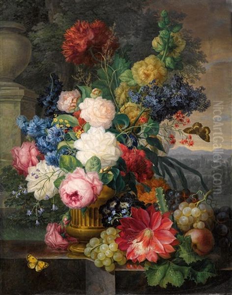 Stillleben Mit Schmetterlingen, Blumen Und Fruchten Vor Landschaftshintergrund Oil Painting by Joseph Nigg