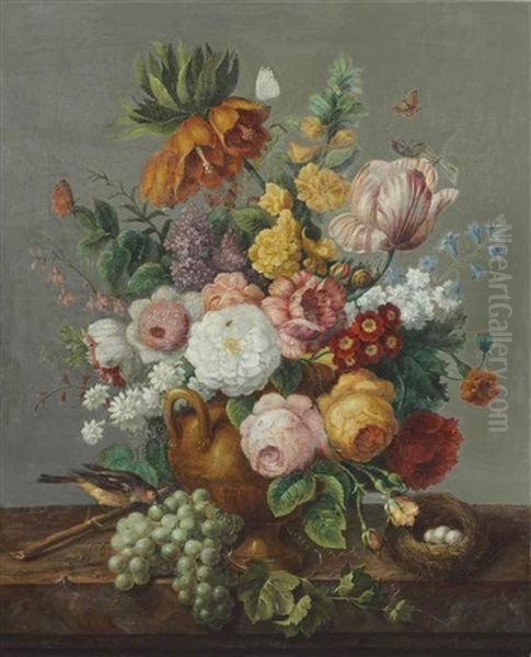 Still Life Of Flowers In A Vase With A Bird And Nest On A Ledge Oil Painting by Joseph Nigg