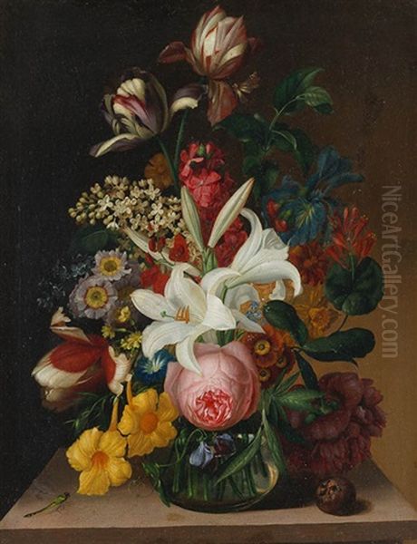 Blumenstillleben In Glasvase Mit Libelle Oil Painting by Joseph Nigg