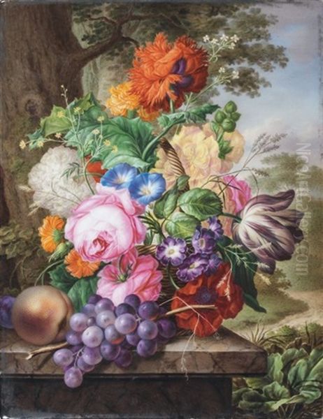 Plaque A Decor D'un Panier Charge De Fleurs Oil Painting by Joseph Nigg