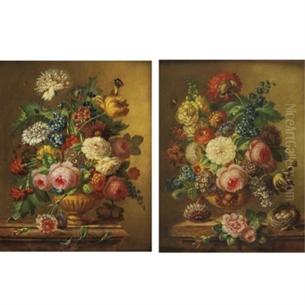 Still Life With Flowers In Stone Urns (pair) Oil Painting by Joseph Nigg