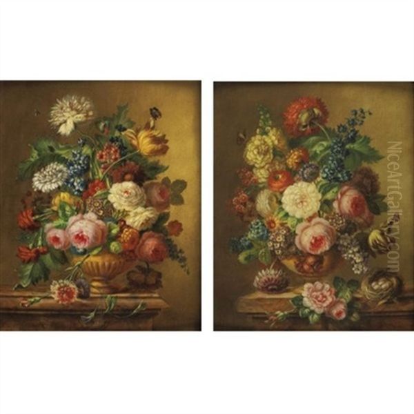 Still Life With Flowers In Stone Urns (pair) Oil Painting by Joseph Nigg