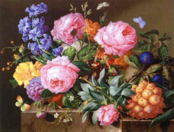 Blumen Und Fruchte Auf Marmorplinthe Oil Painting by Joseph Nigg