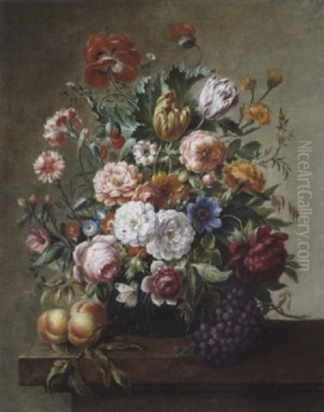 Groses Blumenstuck Mit Rosen, Tulpen, Klatschmohn, Nelken, Pfingstrosen, Pfirsichen Und Weintrauben Oil Painting by Joseph Nigg