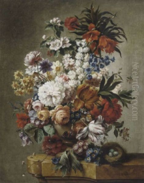 Groses Blumenstuck Mit Kaiserkrone, Tulpen, Rosen, Narzissen, Primeln, Glockenblumen Und Vogelnest Oil Painting by Joseph Nigg