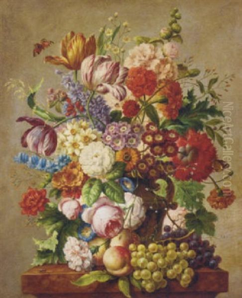 Assorted Summer Flowers In A Vase On A Stone Ledge by Joseph Nigg