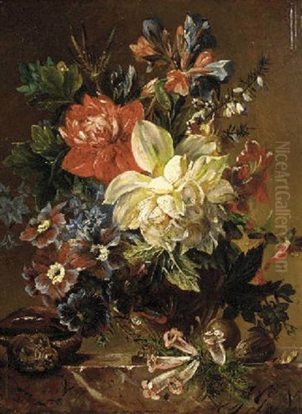 Flowers In A Vase, A Snail, And A Nut, On A Stone Ledge Oil Painting by Joseph Nigg