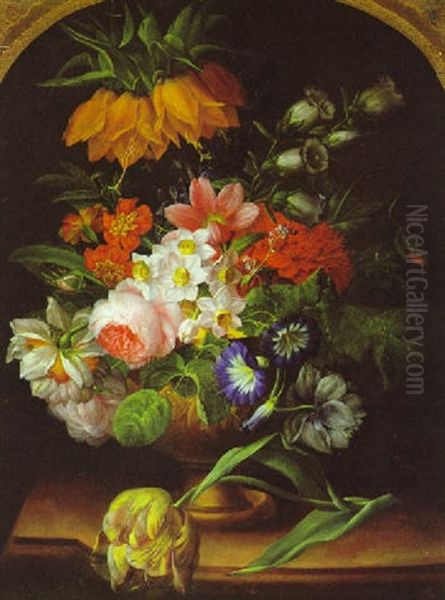 Blumenstilleben Mit Konigskerze, Rose, Narzissen, Tulpe Und Anderen Blumen Oil Painting by Joseph Nigg