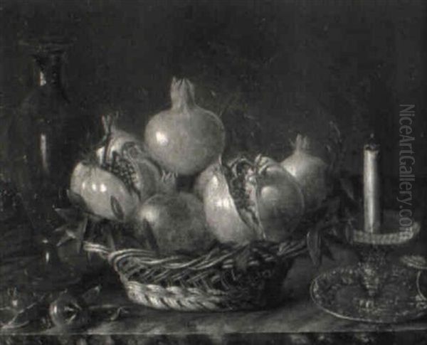 Stilleben Mit Fr_chtekorb, Kerze Und Vase Oil Painting by Joseph Nigg