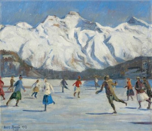 Schlittschuhlaufer Vor Gebirgslandschaft (ice Skaters In Front Of Mountain Landscape) Oil Painting by Gret Niggli