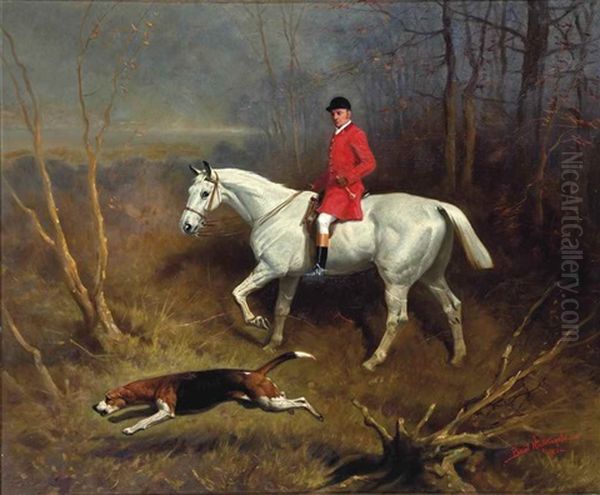 Gillard, Grey Bolt, A Huntsman On A Grey Horse, Riding Through A Wood With A Hound On The Scent Oil Painting by Basil Nightingale