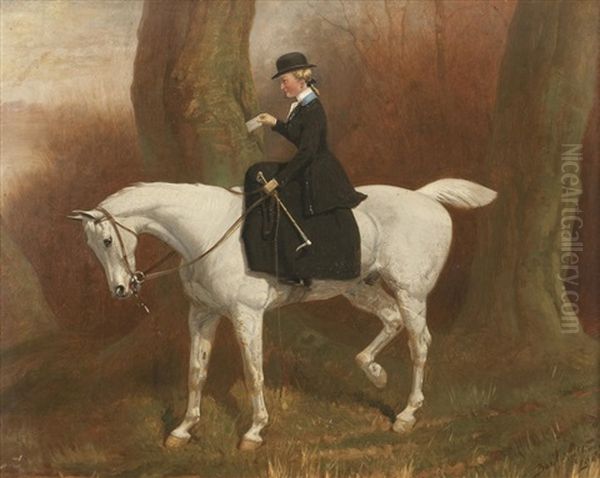 White Mare With A Lady Riding Sidesaddle, Hiding A Love Letter In A Tree Oil Painting by Basil Nightingale