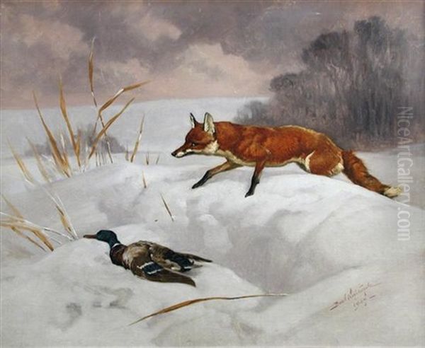 Fox And Duck In A Winter Landscape Oil Painting by Basil Nightingale