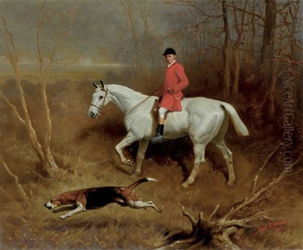 A Huntsman On A Grey Horse, Riding Through A Wood With A Hound On The Scent by Basil Nightingale