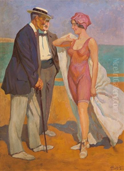 Junge Dame Im Gesprach Mit Zwei Herren Oil Painting by Peter Alexanrovitch (Pierre) Nilouss