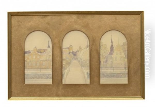 Uppsalamotiv (triptych) Oil Painting by Ernst Nilsson