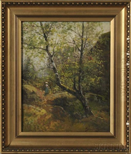 Figure In A Forest Landscape Oil Painting by Johan Severin Nilsson