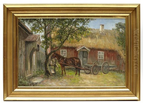 Gardsbild Med Hast Och Vagn Oil Painting by Johan Severin Nilsson