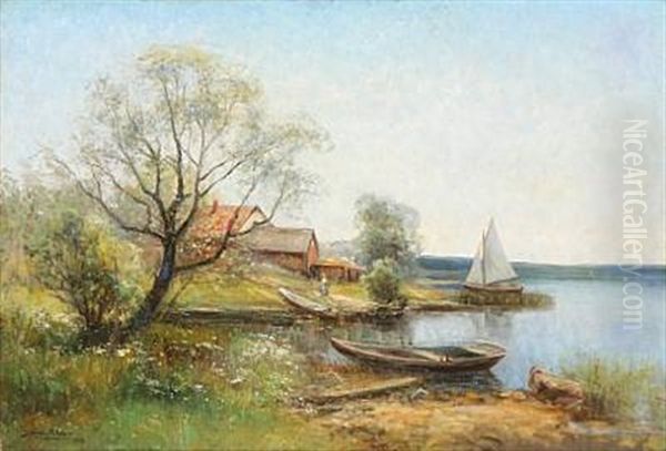 Coastal Scene With Fishing Boats Oil Painting by Johan Severin Nilsson