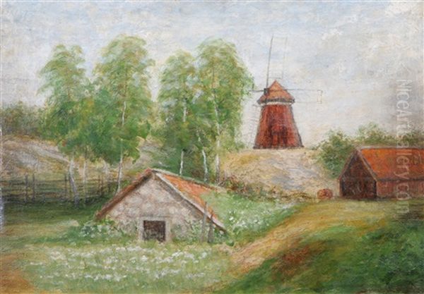 Landskapsvy Med Vaderkvarn Oil Painting by Johan Severin Nilsson