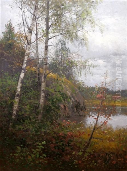 Insjolandskap Med Bjorkar Oil Painting by Johan Severin Nilsson