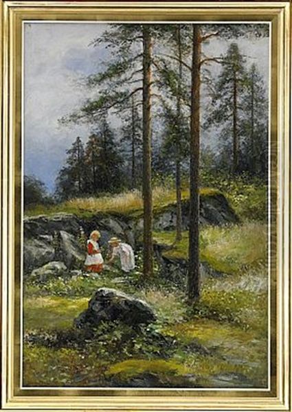 Barn Pa Skogspromenad Oil Painting by Johan Severin Nilsson