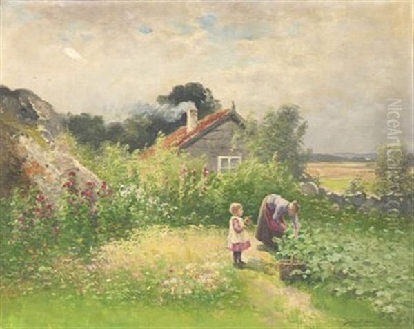 Blommande Kokstradgard Med Husfru Och Barn Oil Painting by Johan Severin Nilsson