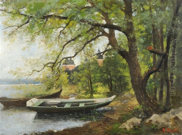 Ruderboote Am Ufer Mit Waldweg by Johan Severin Nilsson