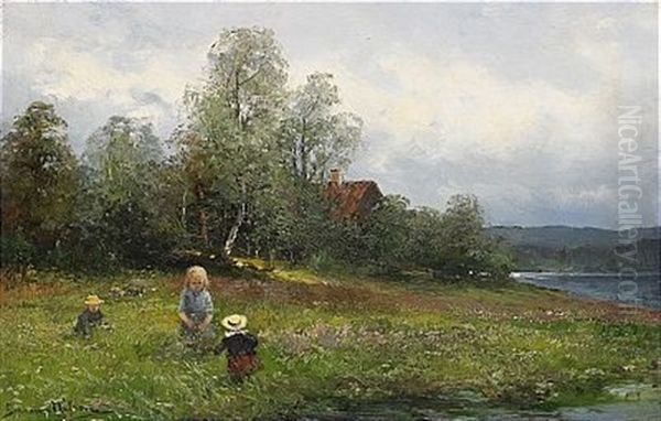 Lekande Barn Pa Sommarang Oil Painting by Johan Severin Nilsson