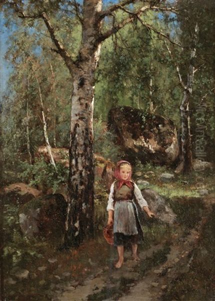 Flicka I Skogsbryn Oil Painting by Johan Severin Nilsson