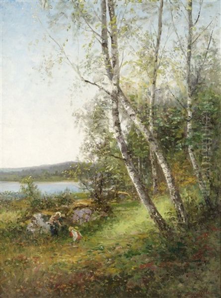 Bjorkbacke, Motiv Fr. Halland Oil Painting by Johan Severin Nilsson