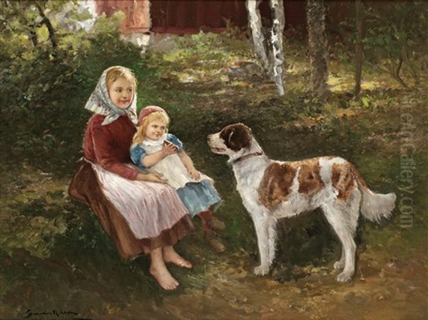 Barn Och Hund Oil Painting by Johan Severin Nilsson